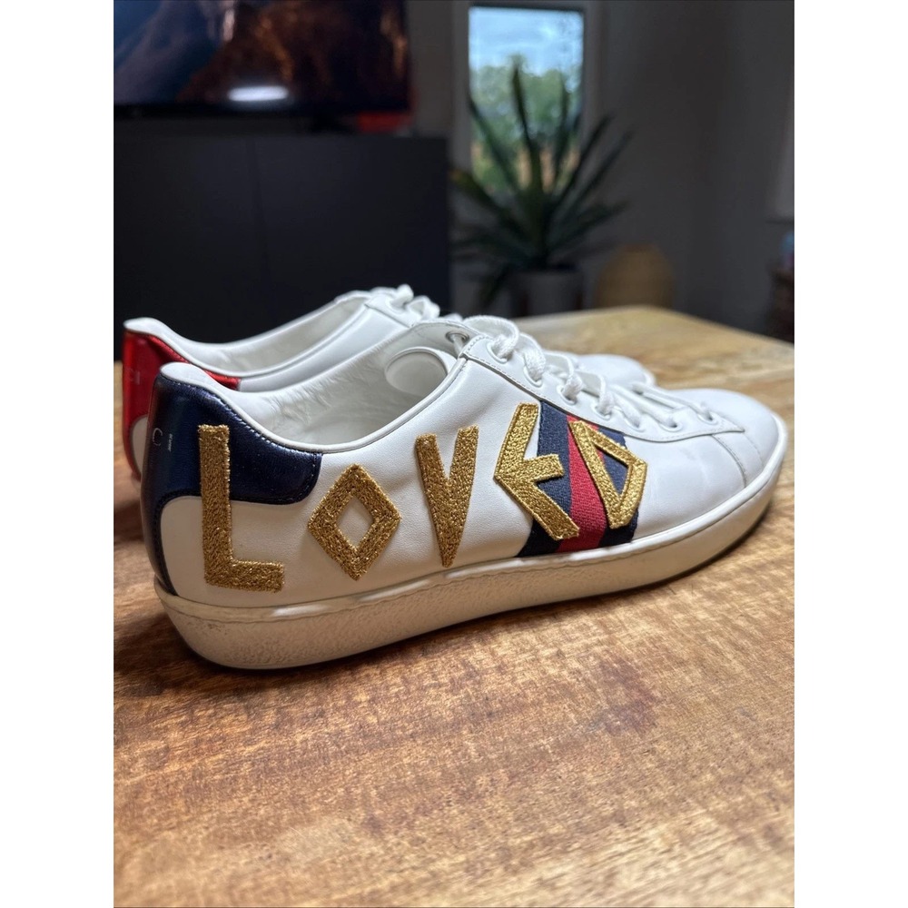 Gucci Ace Sneaker Womens 38.5 White Loved Gold Embroidery Web Stripe Luxury Bold